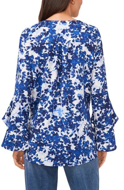 Vince Camuto Flutter Sleeve Floral Print Blouse In Opulent Blue Modesens