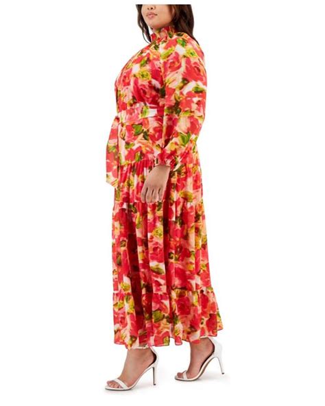 Taylor Plus Size Printed Belted Blouson Sleeve Maxi Dress In Red Lyst