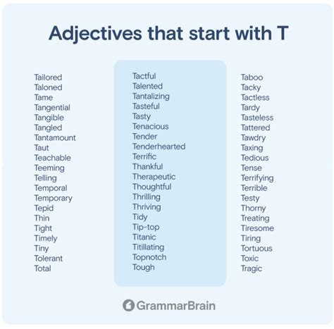 Big List Of Adjectives That Start With T Positive Negative Descriptive Grammarbrain