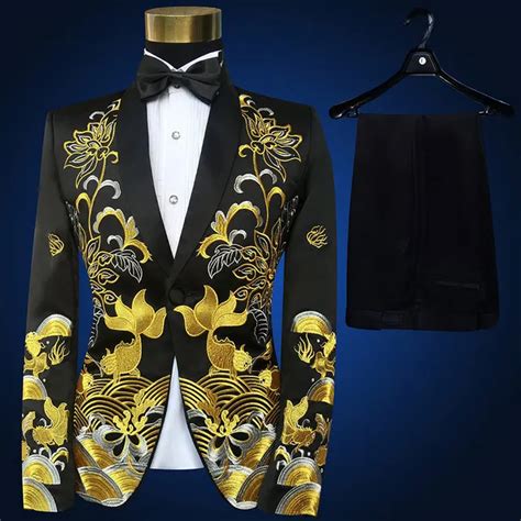 Fashion Gold Embroidery Mens Blackred Wedding Suit Jacket Fashion Slim