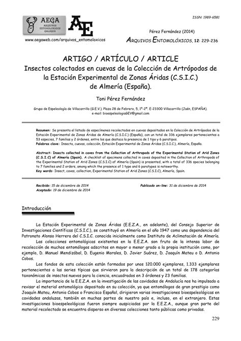 Pdf Insectos Colectados En Cuevas De La Colecci N De Artr Podos De La