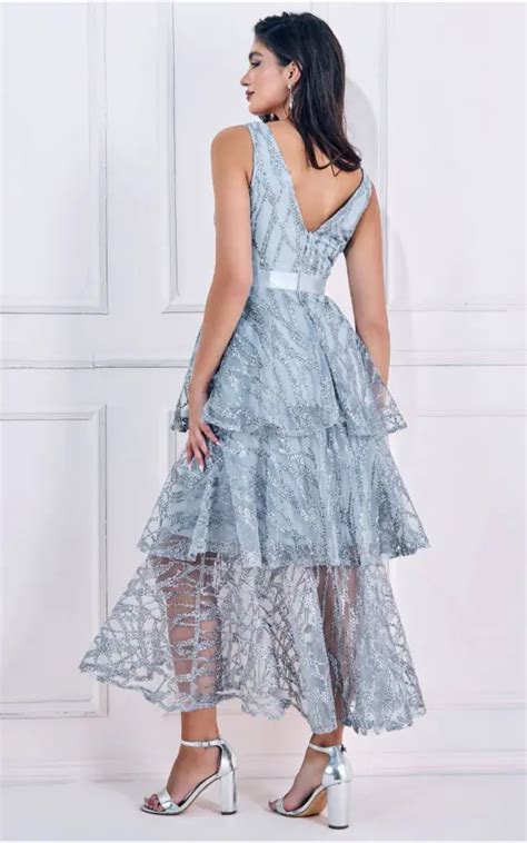 Embroidered Mesh Tiered Midi Dress In Grey Goddiva Silkfred Us