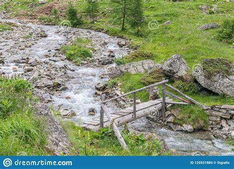 Wooden Bridge Over A Mountain Stream In The Goeriachtal Nature Park