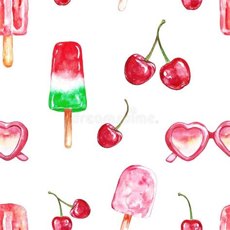 Watercolor Red Berries Seamless Pattern On White Background Fresh