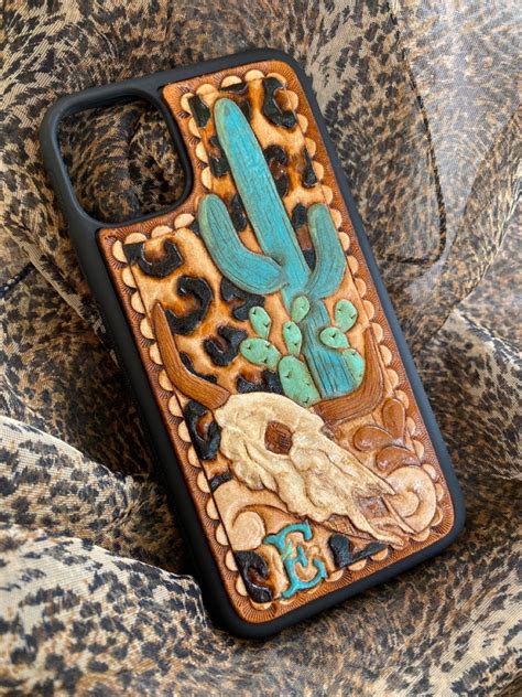 Cheetah Cactus And Skull Tooled Leather Phone Case Tooled Leather