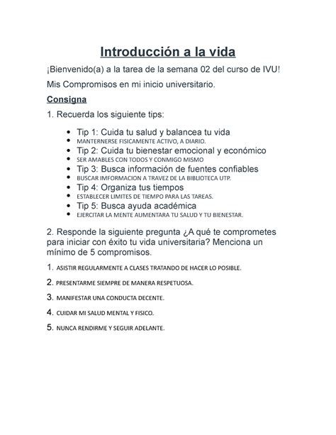 Ivu Actividad Introducci N A La Vida Bienvenido A A La Tarea De