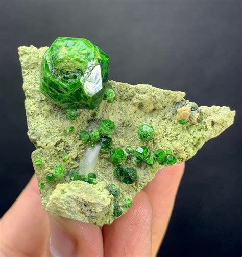 Natural Rare Green Colour Demantoid Garnet Crystals Specimen On Matrix