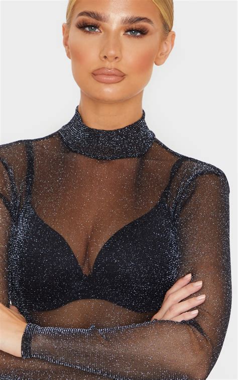 Black Sheer Glitter High Neck Bodysuit Prettylittlething Aus