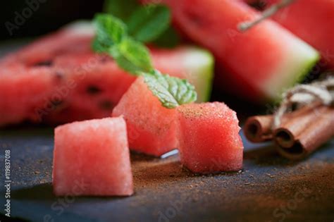 Delicious Fresh Slices Of Watermelon With Cinnamon Stock Photo And