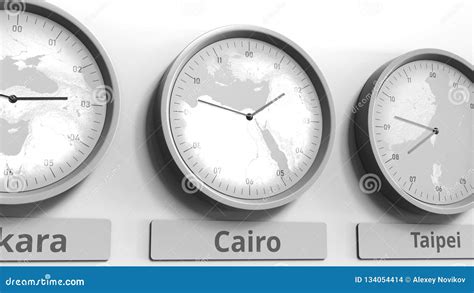 Clock Shows Cairo, Egypt Time among Different Timezones. Conceptual 3D ...