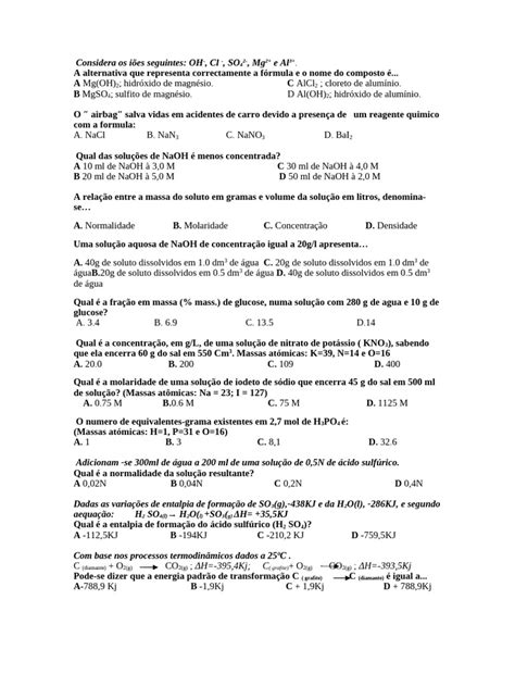 Questoes De Solucoes - Questões de Química e Soluções Químicas | PDF | Concentração ...