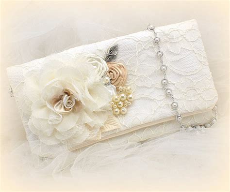 Clutch Bridal Wedding Handbag Bag Strap Ivory White Tan Beige