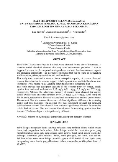 Daya Serap Sabut Kelapa Cocos Nucifera Untuk Remediasi Tembaga Kobal