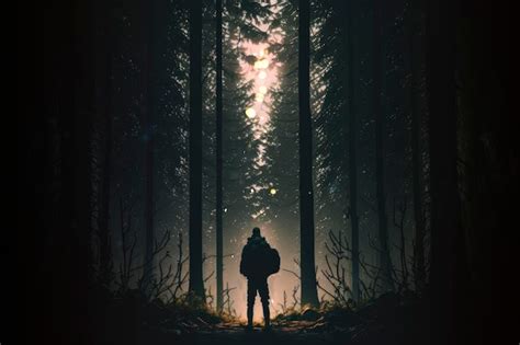 Un Hombre En La Noche Del Bosque Oscuro En Un Bosque Fondo Generado Por