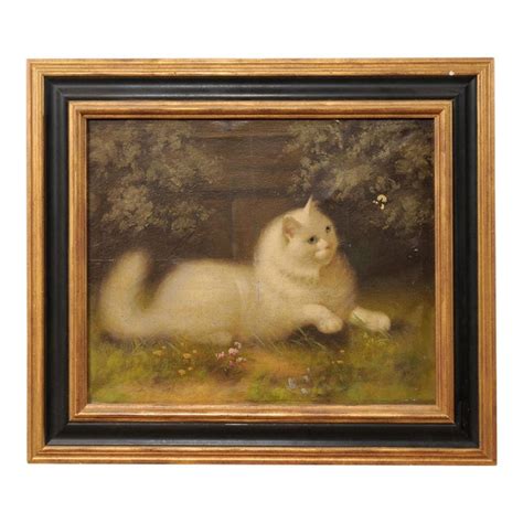 Framed Oil Painting of White Cat | Chairish