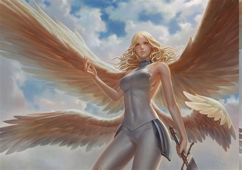 Wallpaper Digital Art Sky Wings Angel Sword Mythology Claymore Anime Teresa Wing