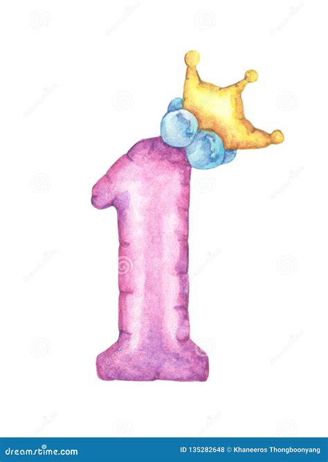 Watercolor Cute Number 1. Number One with Crown. Stock Illustration - Illustration of concept ...