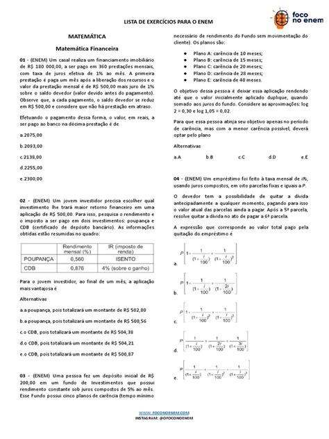 Matematica Financeira No Enem - Matematica Financeira Lista de Exercicios Matematica ENEM | PDF | Juros ...