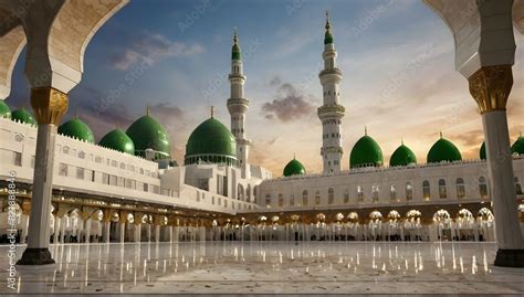 Generate An Image Depicting The Beautiful Masjid Nabvi In Madina City