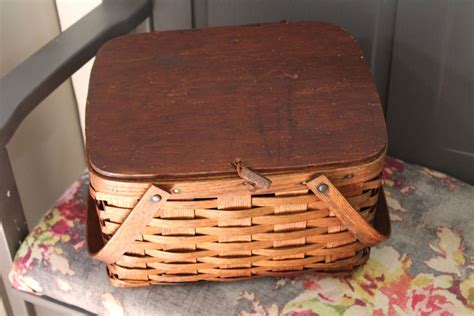 Vintage Farmhouse Rustic Picnic Basket Domino Pie Basket Antique Picnic