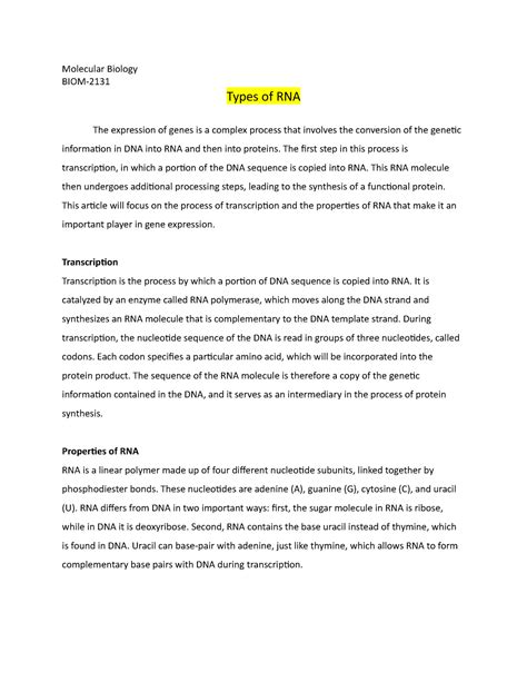 Molecular Biology Types of RNA - Molecular Biology BIOM- Types of RNA ...