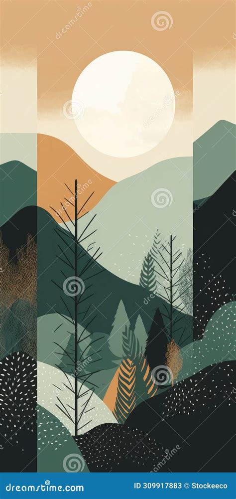 Boho Art Minimalist Boreal Forest Mountain Landscape Stock