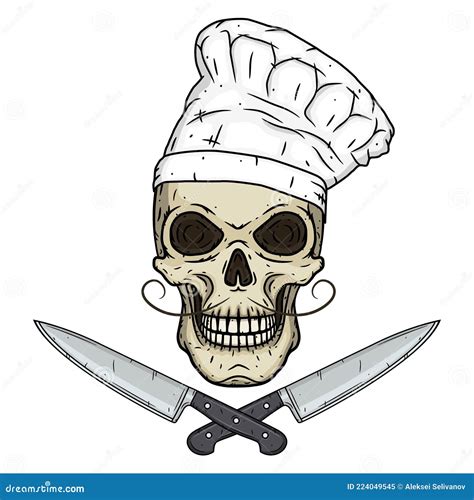 Skull In Toque And Crossed Barbecue Tools Cartoon Skull In Hand Drawn