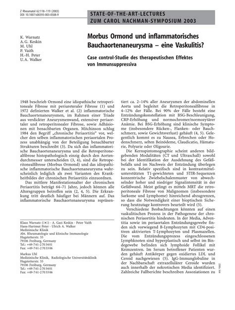 Pdf Morbus Ormond Und Inflammatorisches Bauchaortenaneurysma Eine