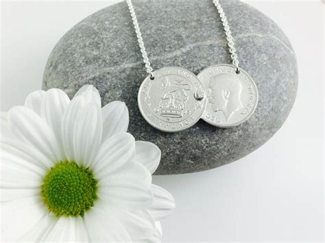 Silver Sixpence Double Coin Necklace, Stone Set, Lucky Sixpence or ...