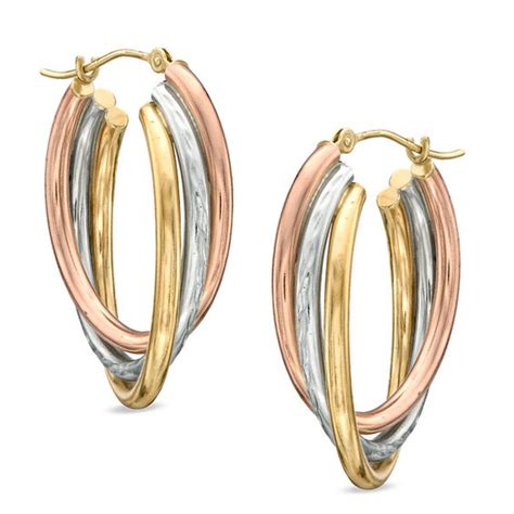 Tri Tone Diamond Cut Triple Hoop Earrings In Sterling Silver With 14k Gold Plate Silver