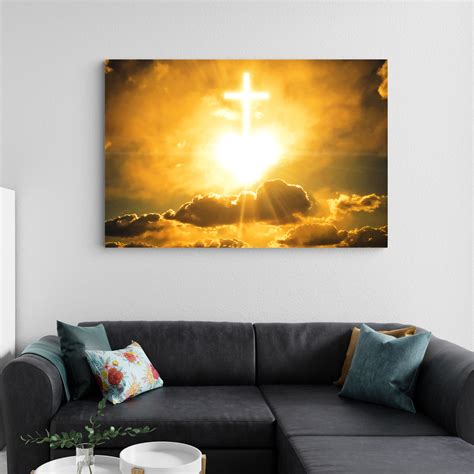 White Shining Christian Cross And Heart Christian Canvas Wall Art Sale-GuidingCross