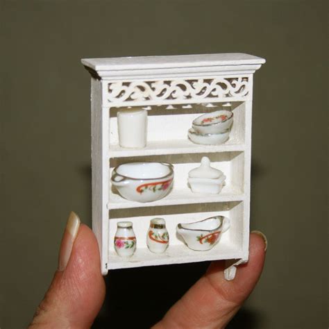 White Wooden Wall Shelf With Ceramic Doll House Miniature Furnitures Artisan Handmade Miniature