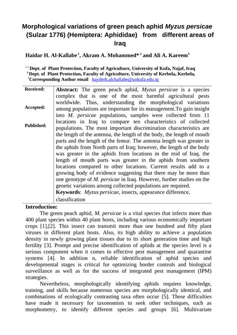 Pdf Morphological Variations Of Green Peach Aphid Myzus Persicae