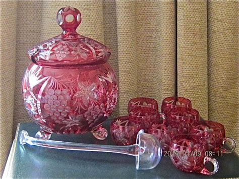 Cranberry Cut Glass Punch Set Antique Classic Chair