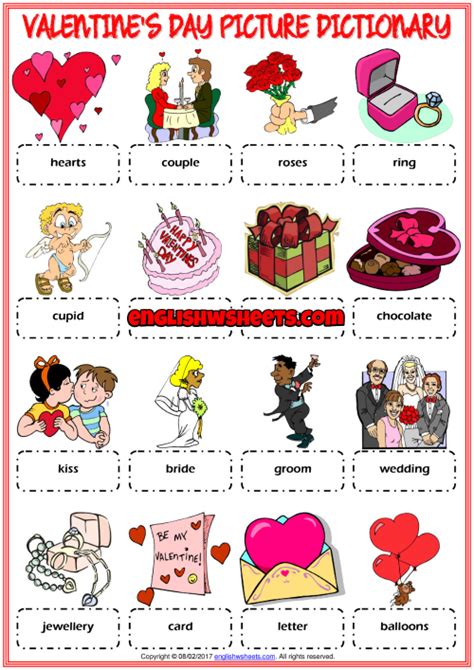 Valentines Day Esl Picture Dictionary Worksheet For Kids