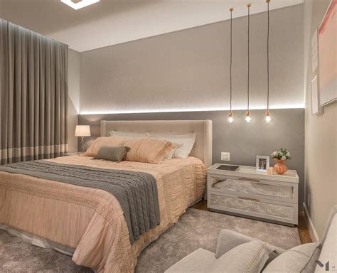 Quarto De Casal Cinza - Quarto de casal cinza, rosa e cobre com cabeceira dupla iluminada e ...