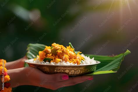 Foto Stock Copper Dishes With National Indian Food In Hands On Background Of Banana Leaf Onam