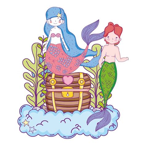 Premium Vector Couple Mermaids With Treasure Chest Undersea