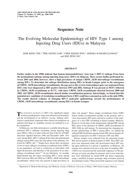 Pdf The Evolving Molecular Epidemiology Of Hiv Type Among Injecting