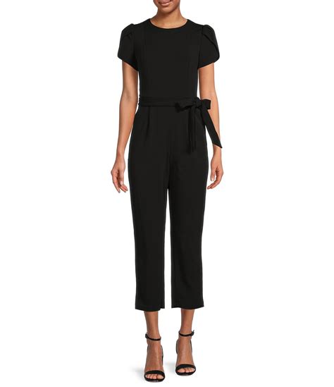 Calvin Klein Short Sleeve Crew Neck Tie Waist Scuba Crepe Jumpsuit