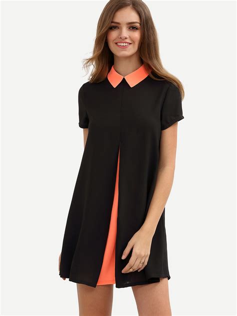 Colorblock Roll Up Collar Short Sleeve Shift Dress Shein Sheinside