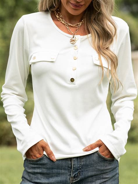 Casual Long Sleeve V Neck Plain Tops Noracora