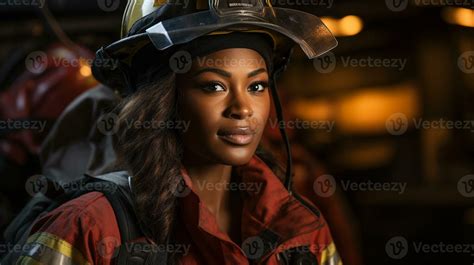 Female African American Firefighter Wearing Protective Helmet And Gear At A Fire Incident