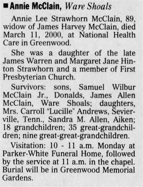 Obituary For Annie Lee Strawhorn Mcclain Aged 89