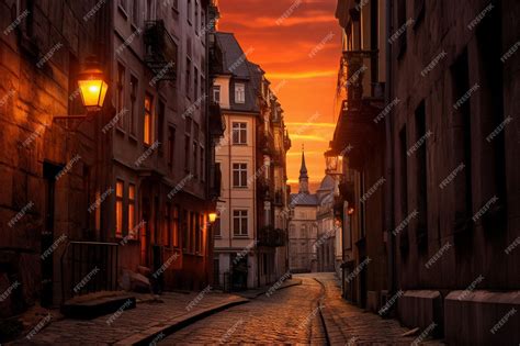 Premium AI Image | old Europe street sunset