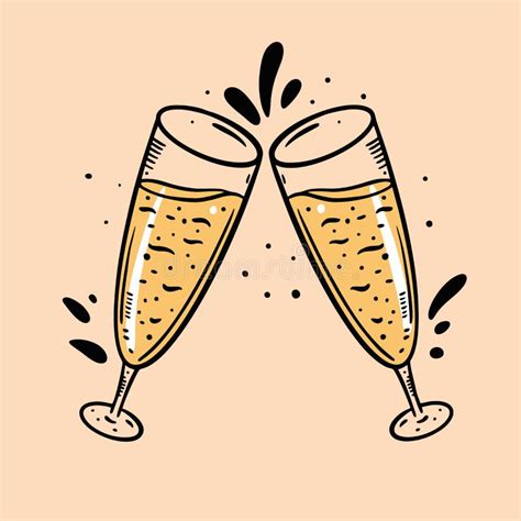 Cheers With Hand Drawn Champagne And Wine Glasses Cartoon Style Isolated On Background Stock