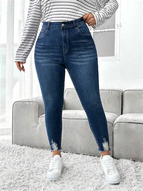 SHEIN EZwear Plus Ripped Raw Edge Skinny Jeans SHEIN USA