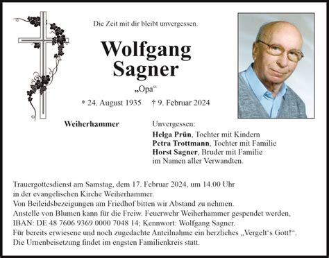 Traueranzeige Wolfgang Sagner Weiherhammer Oberpfalzecho