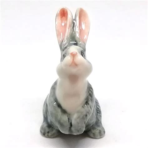 Porcelain Rabbit Bunny Figurine Gray Hand Painted Ceramic Etsy