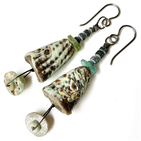 Artisan Lampwork Glass Cone Earrings With Ancient Roman Glass Rustic